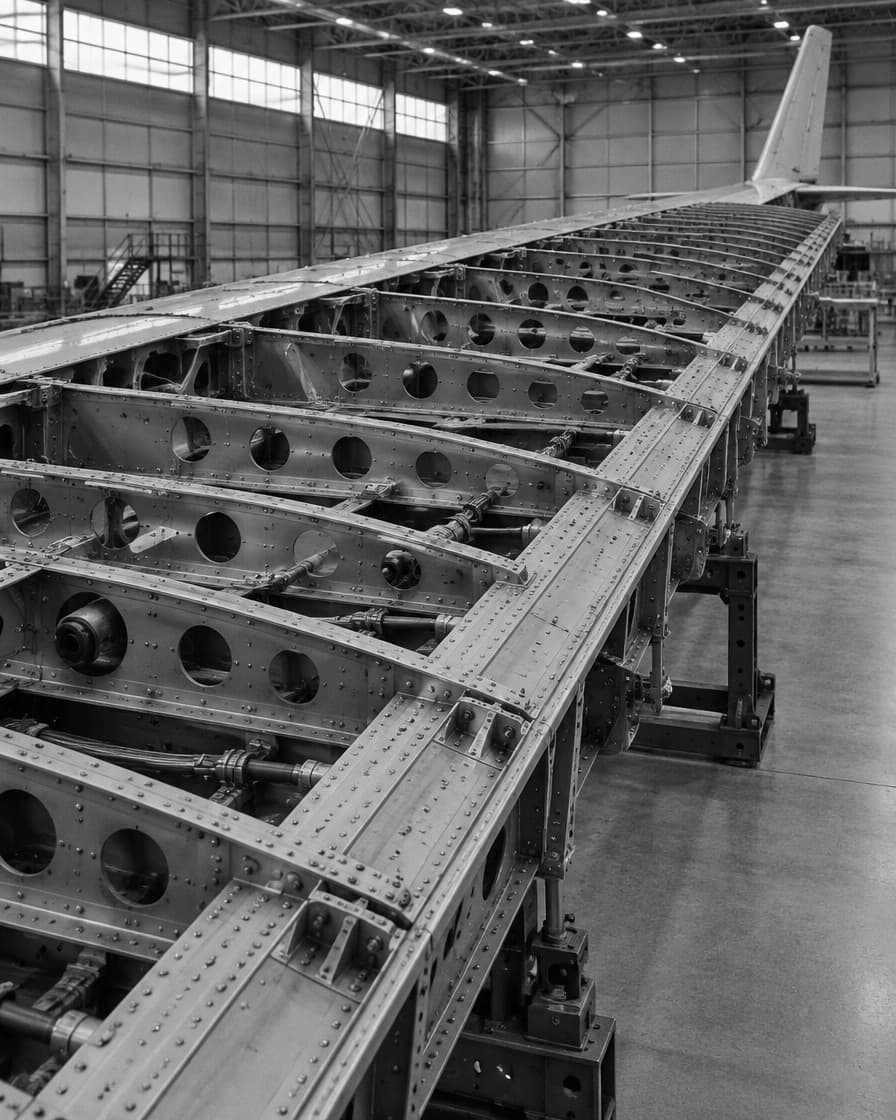 Exposed wing spar and rib structure of an airframe in an assembly hangar