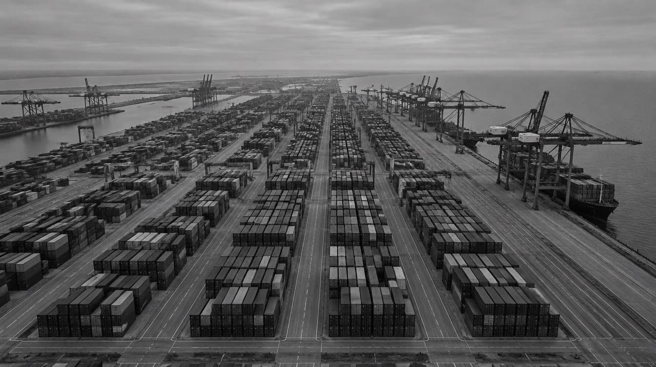 Aerial view of a container port laid out in a geometric grid at dusk