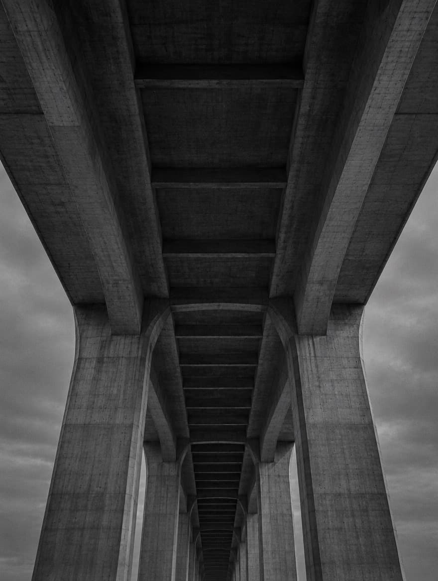 Underside of a monumental concrete bridge span